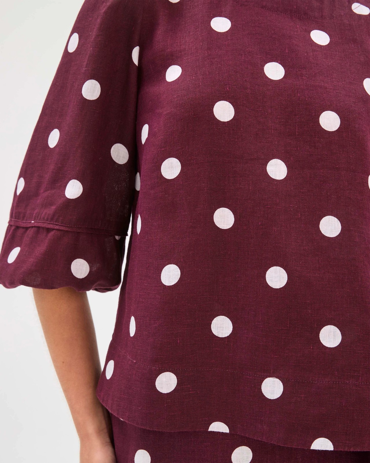 Petites European Linen 3/4 Sleeve Trim Detail Blouse - Merlot 4 of 6