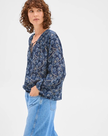 Australian Cotton Long Sleeve Print Gather Detail Blouse