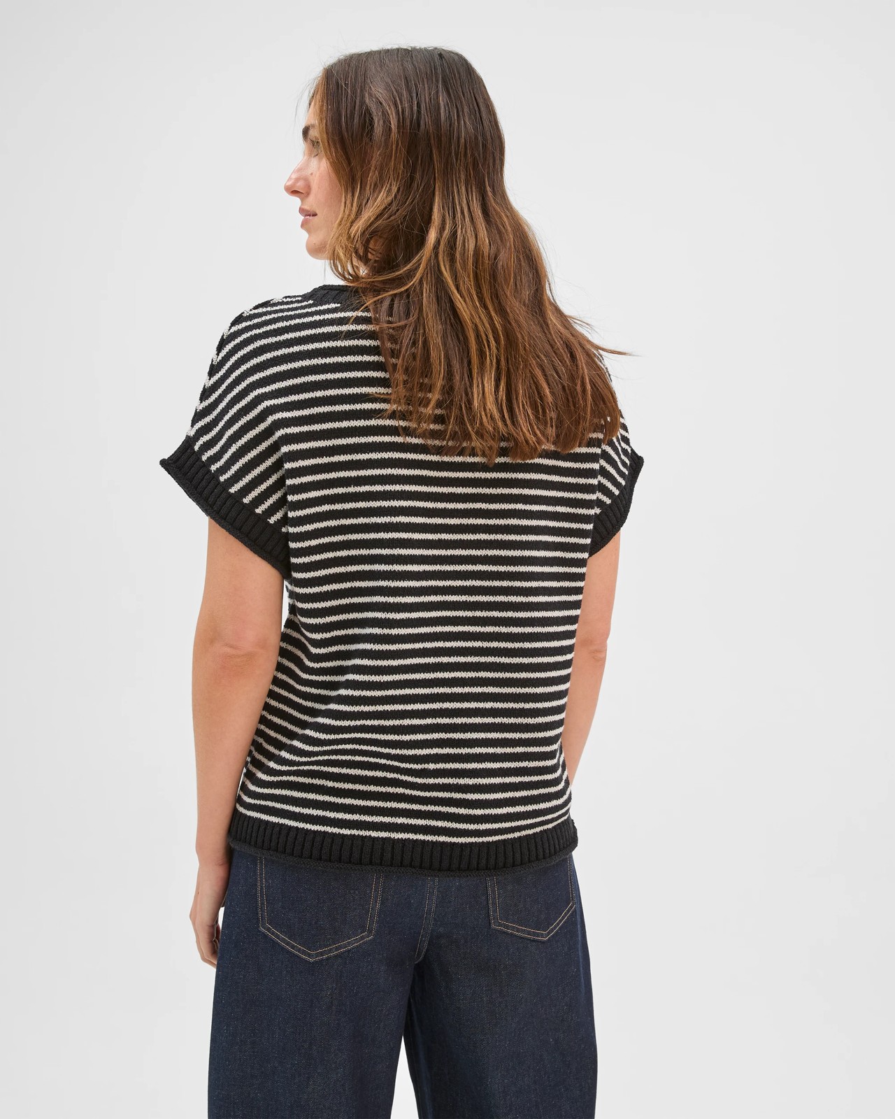 Australian Cotton Blend Boucle Roll Trim Knit Top - Black/Pumice Stripe 6 of 6