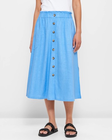 Linen Blend Button Through Midi Skirt