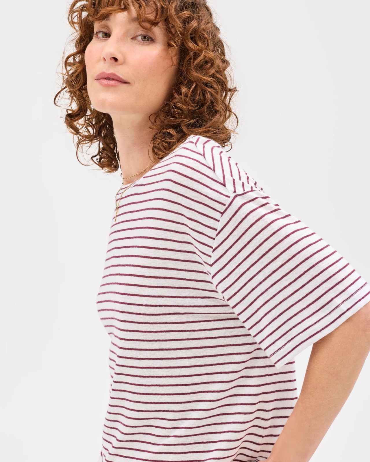 Linen Blend Relaxed T-Shirt - White Merlot Stripe 4 of 5