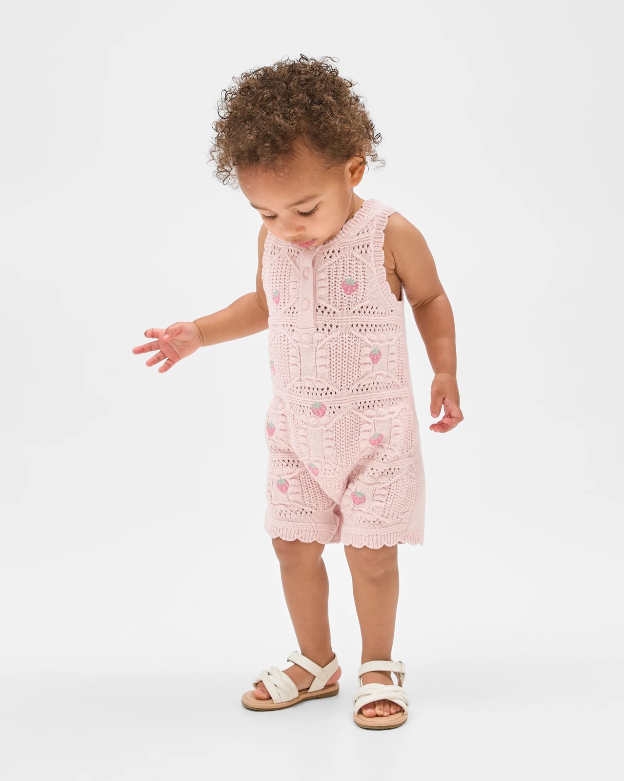 Baby Organic Cotton Crochet Knit Romper - Strawberry Pink 2 of 6