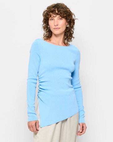 Long Sleeve Asymmetric Hem Crepe Knit Top - Preview