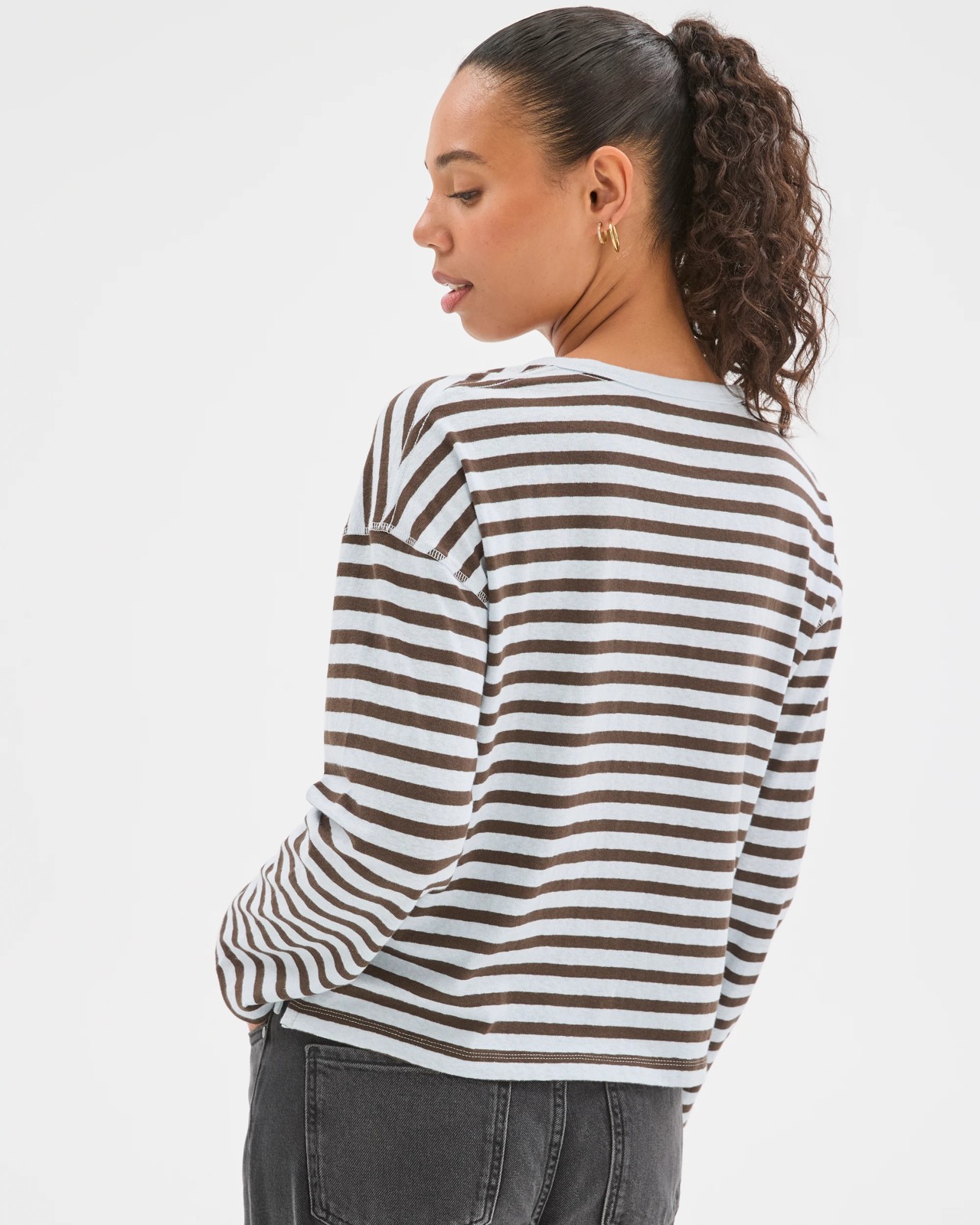 Australian Cotton Long Sleeve Relaxed Slub T-Shirt - Sky Blue/Coffee Bean Stripe 6 of 6