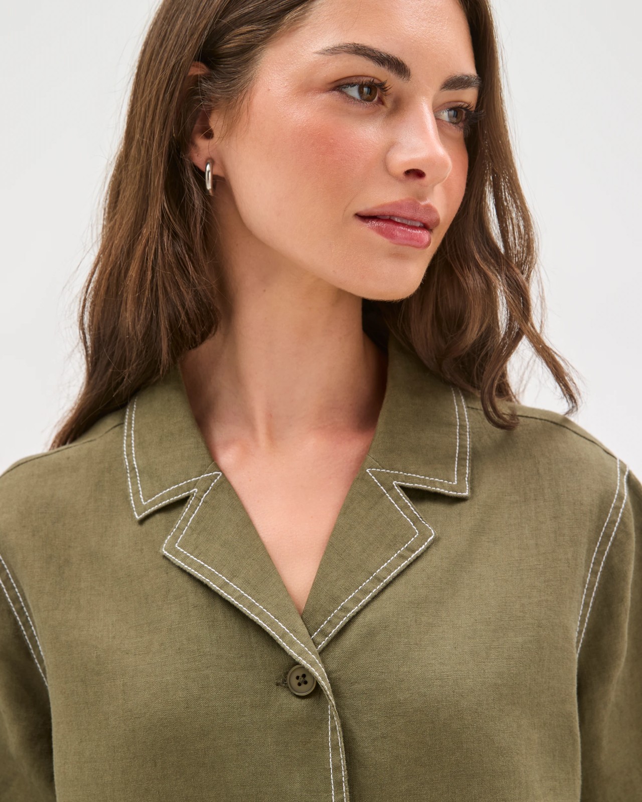 Petites European Linen Short Sleeve Contrast Stitch Shirt 5 of 5