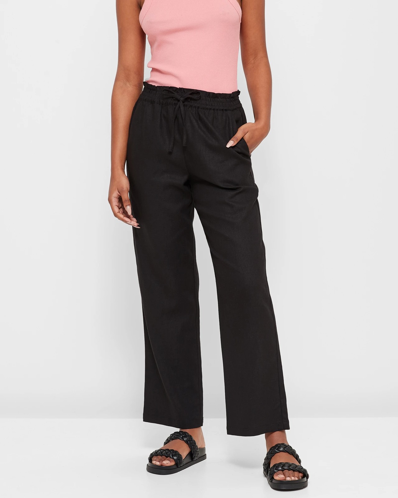 Petites Linen Blend Elastic Waist Pants - Dannii Minogue - Black