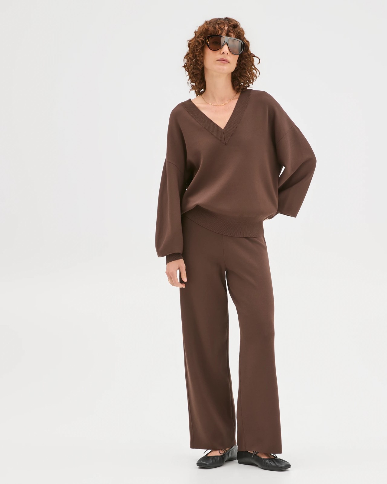 Preview Crepe Knit V-Neck Sweater - Ganache 2 of 5