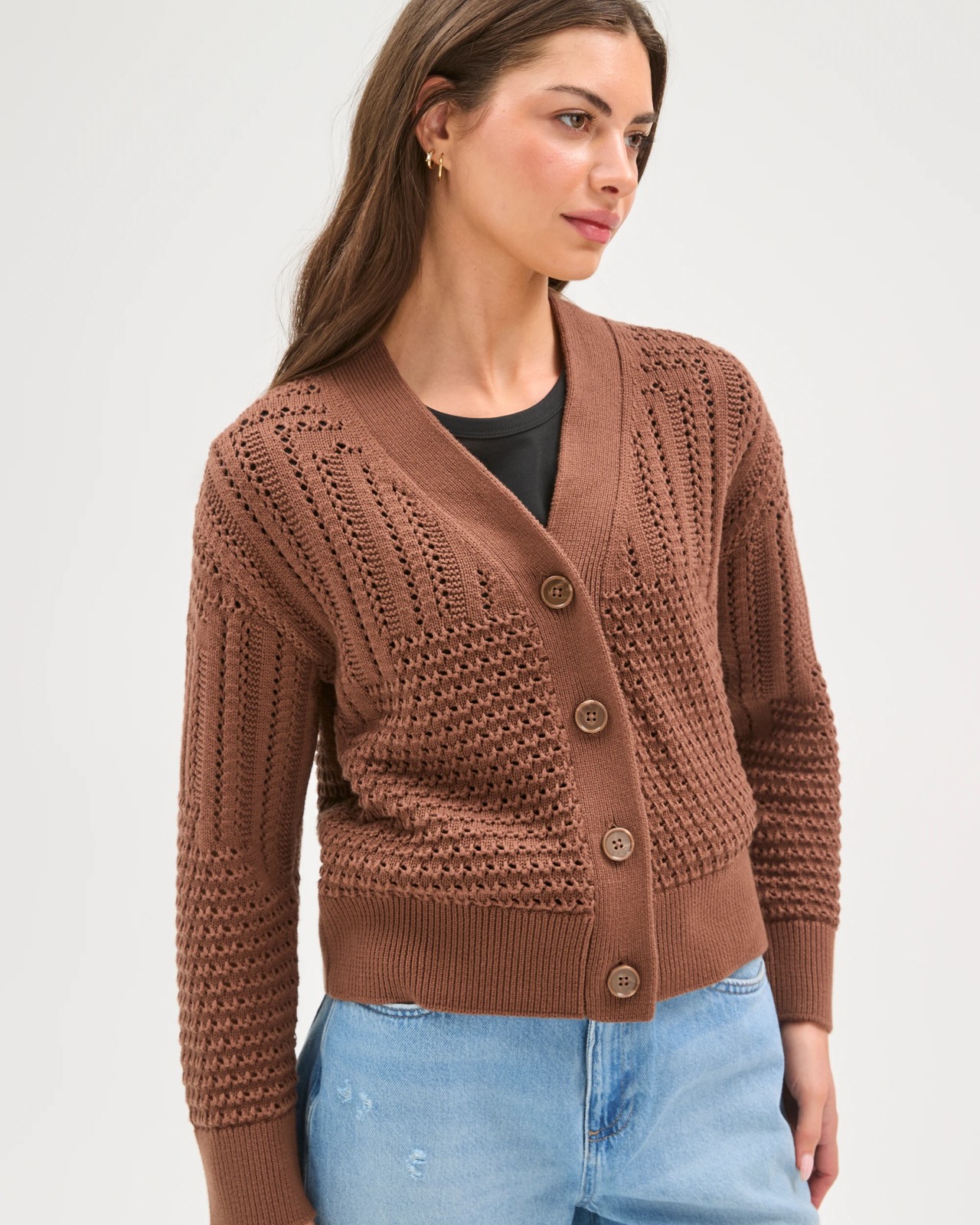 Petites Australian Cotton V-Neck Crochet Knit Cardigan 3 of 5