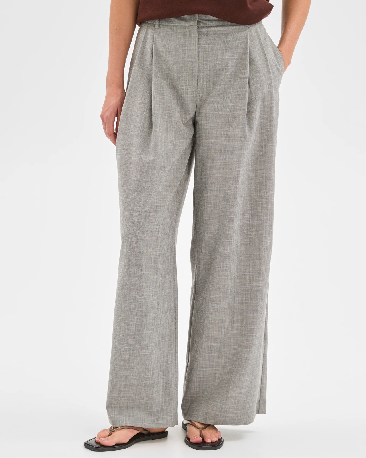 Preview Double Pleat Wide Leg Pants - Grey Melange 6 of 6