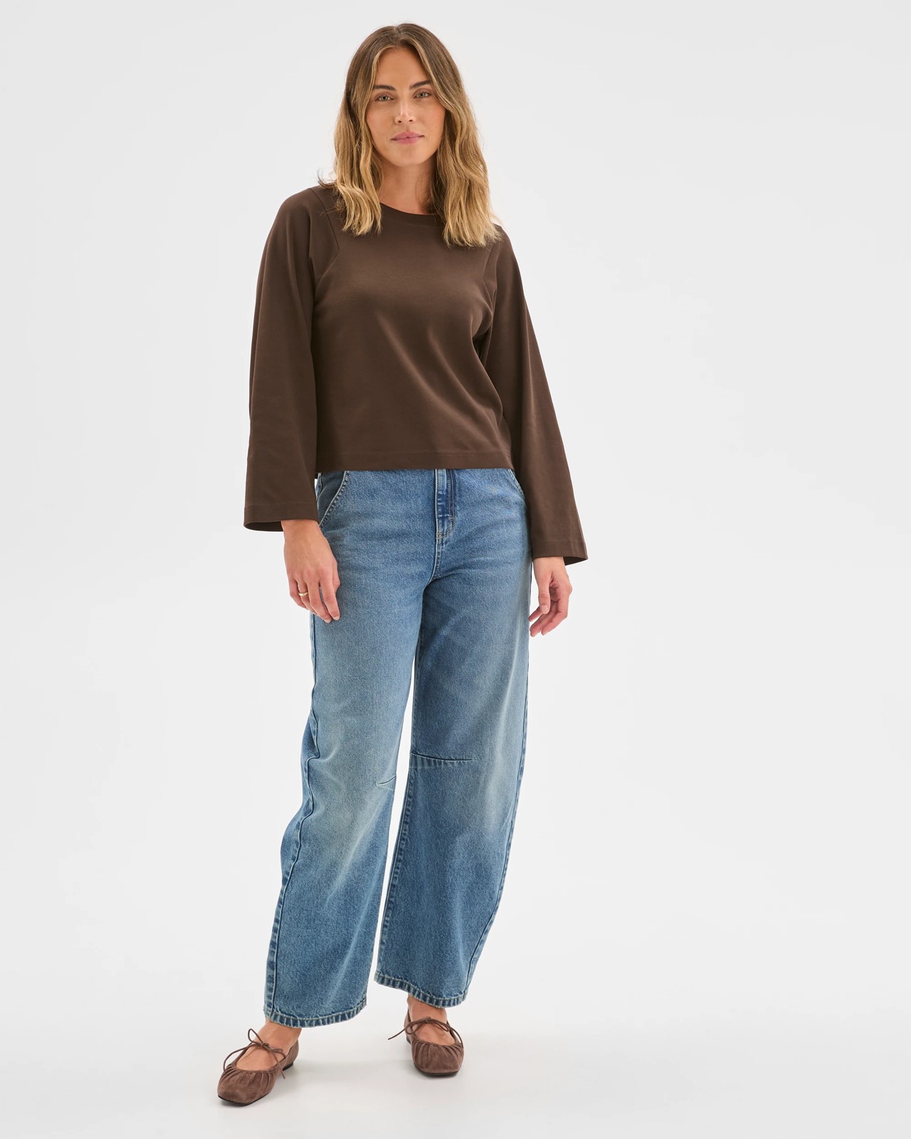 Australian Cotton Long Sleeve Spliced Top - Coffee Bean 5 of 6