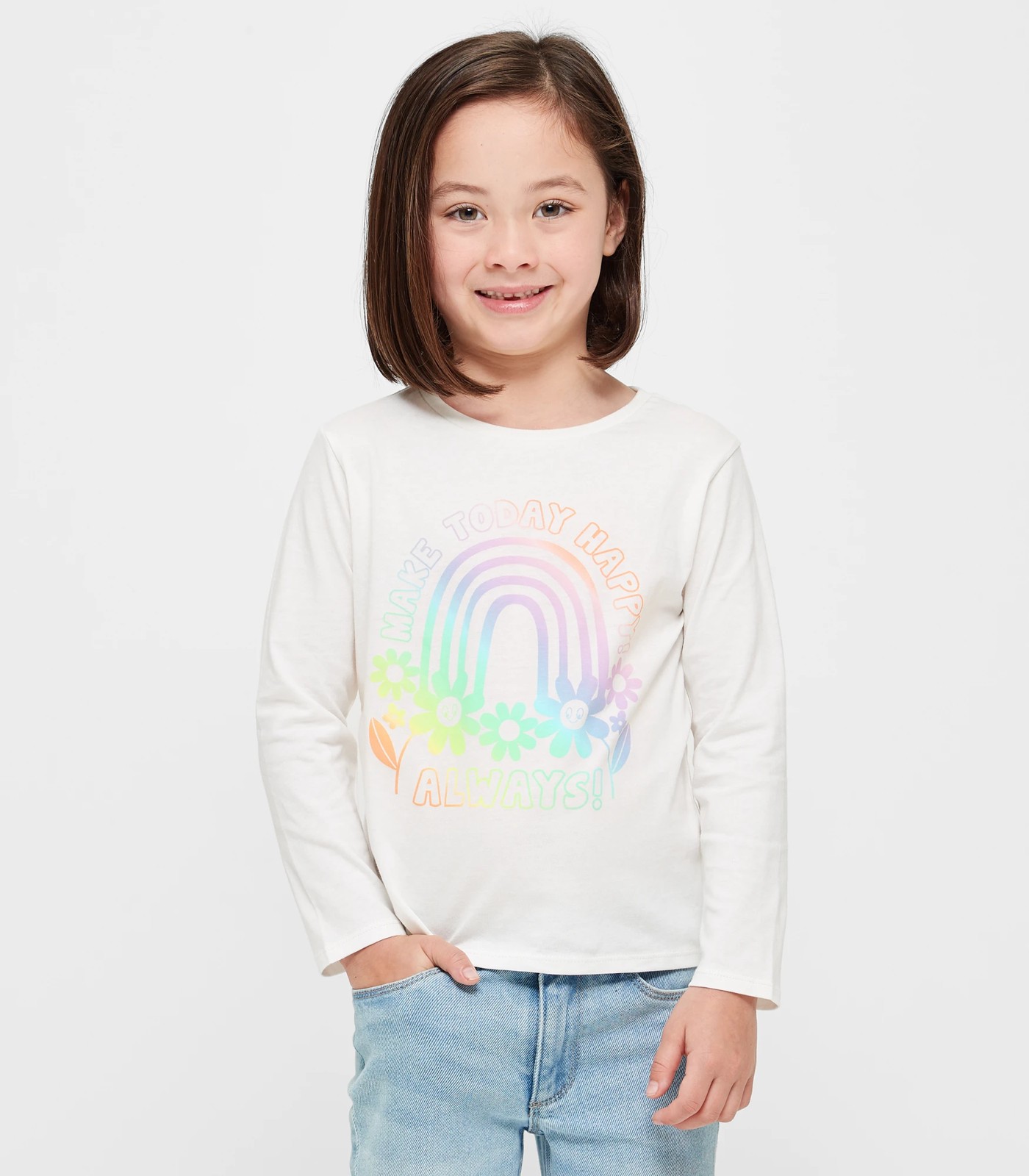 Organic Cotton Long Sleeve Print Top - White / Rainbow