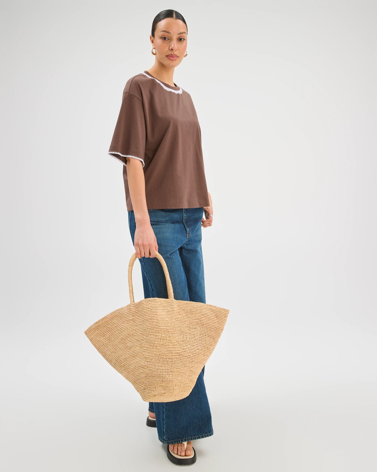 Australian Cotton Boxy Stitch Detail T-Shirt - Coffee Bean White 3 of 6