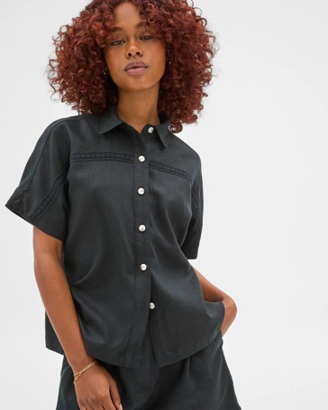 Petites Linen Blend Crochet Trim Shirt