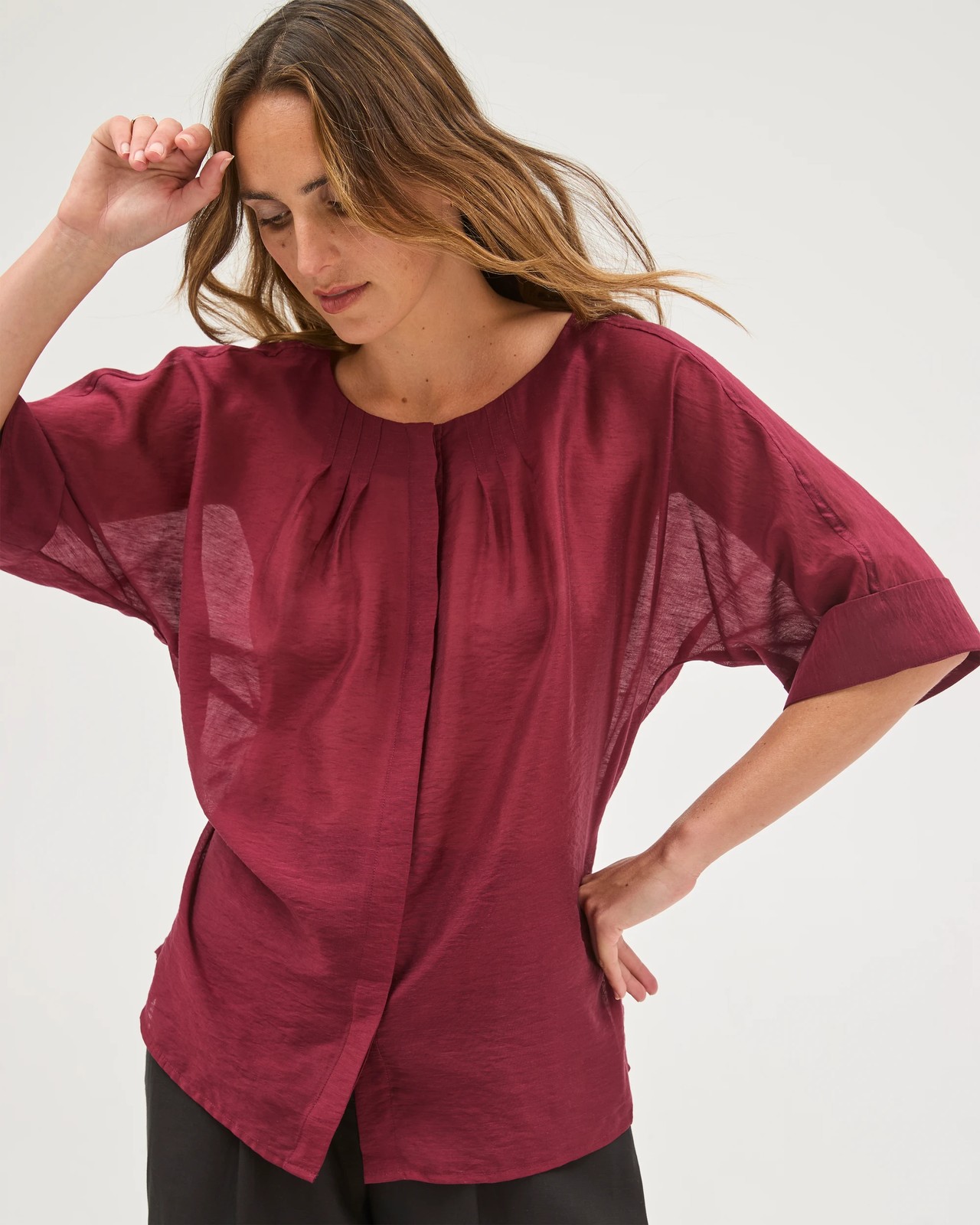 Preview Volume Tie Waist Blouse - Sangria 5 of 5