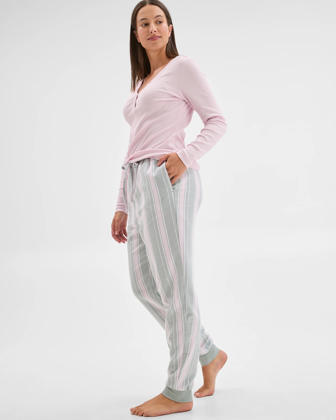 Australian Cotton Flannelette Jogger Sleep Pants - Green Stripe 3 of 4