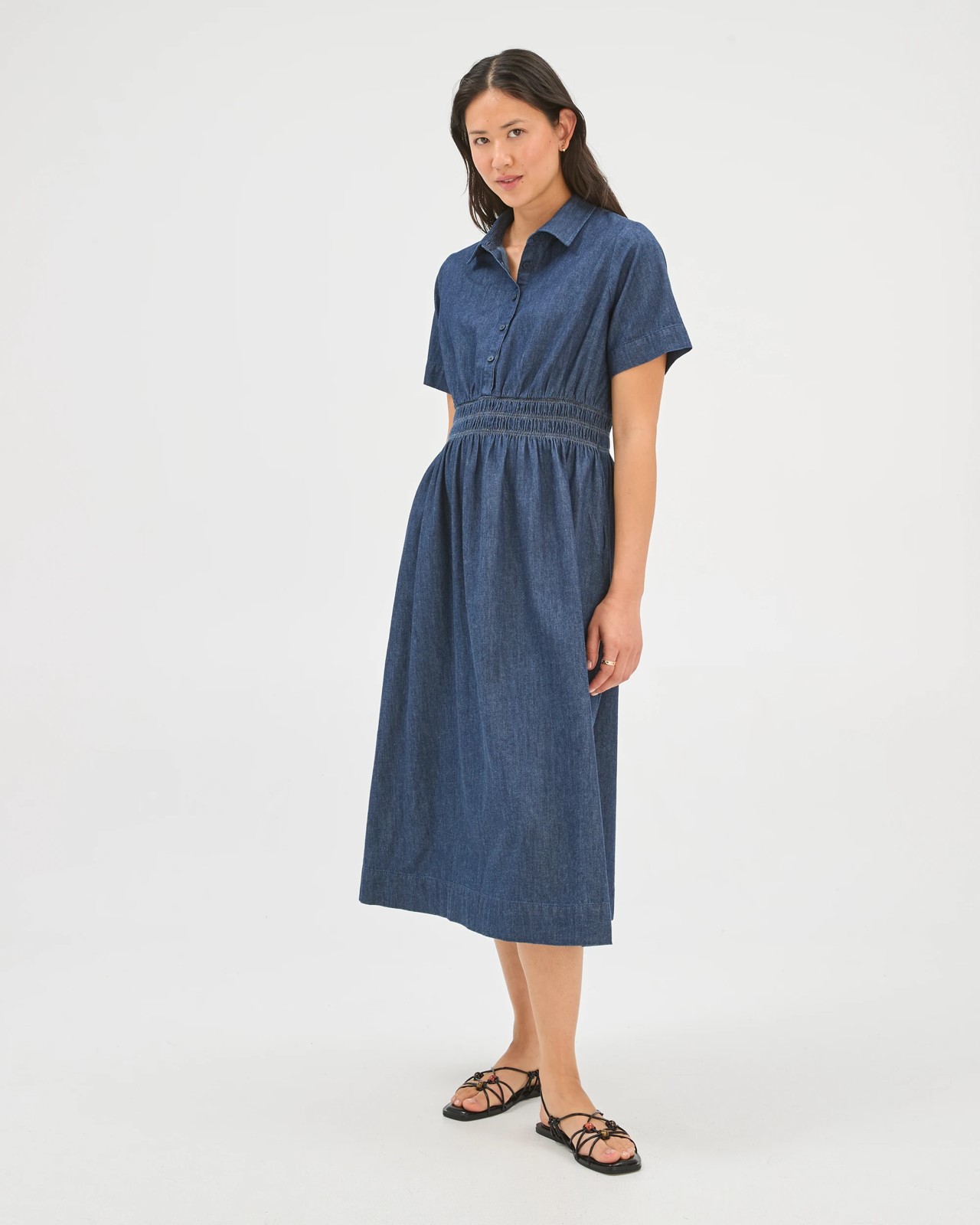 Cotton Shirred Midi Chambray Dress 2 of 6