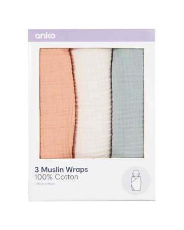 Anko 3 Pack Cotton Muslin Wraps - Textured