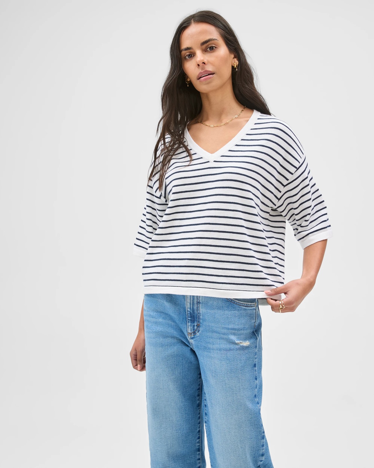 Australian Cotton Blend Boxy V-Neck Knitted T-Shirt - Ink Navy White Stripe 3 of 5