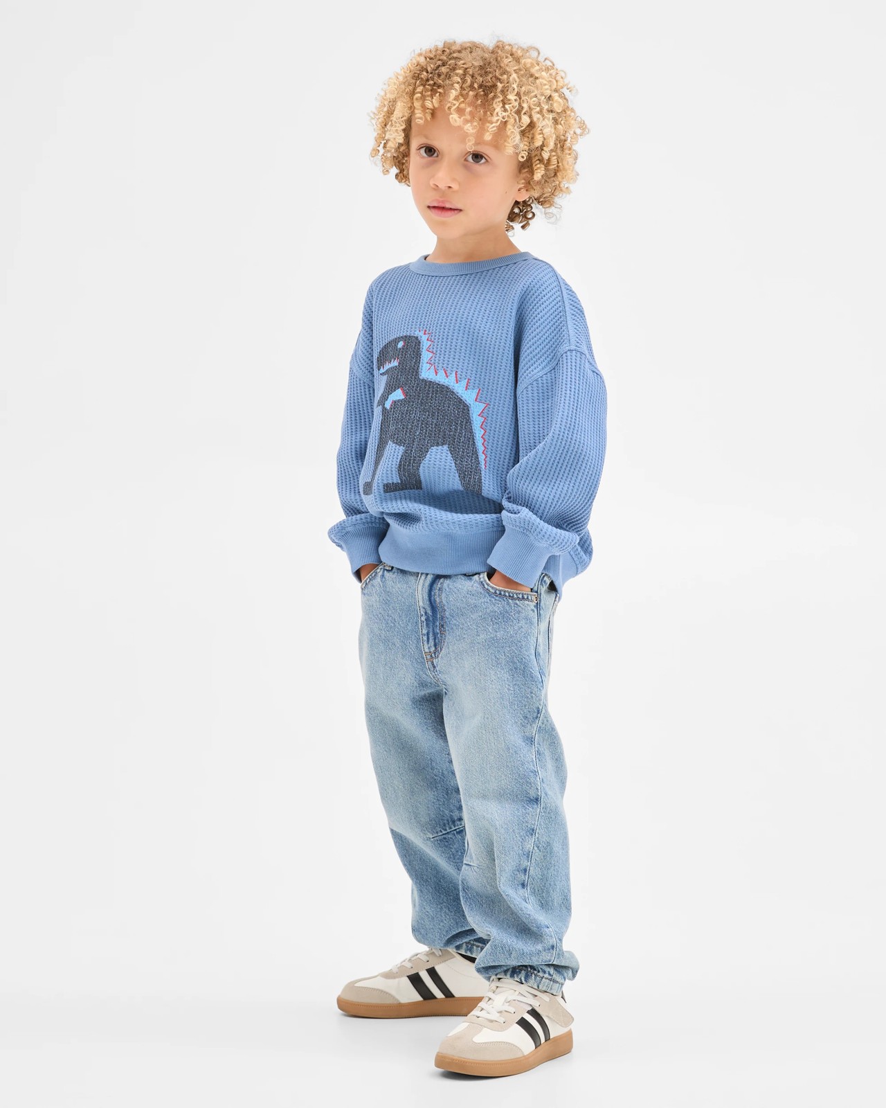 Australian Cotton Long Sleeve Oversized Waffle T-Shirt - Blue 2 of 5