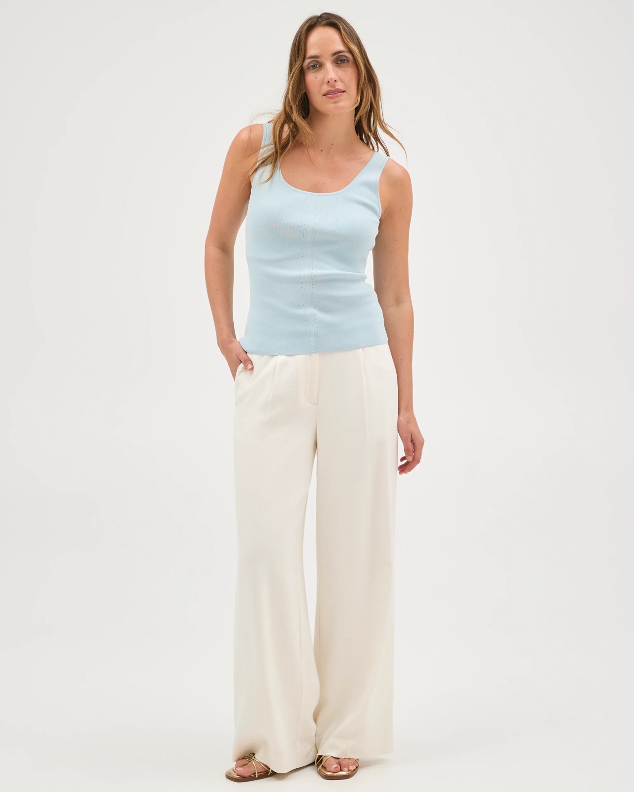 Preview Slim Fit Crepe Knit Detail Tank Top - Ice Blue 2 of 6