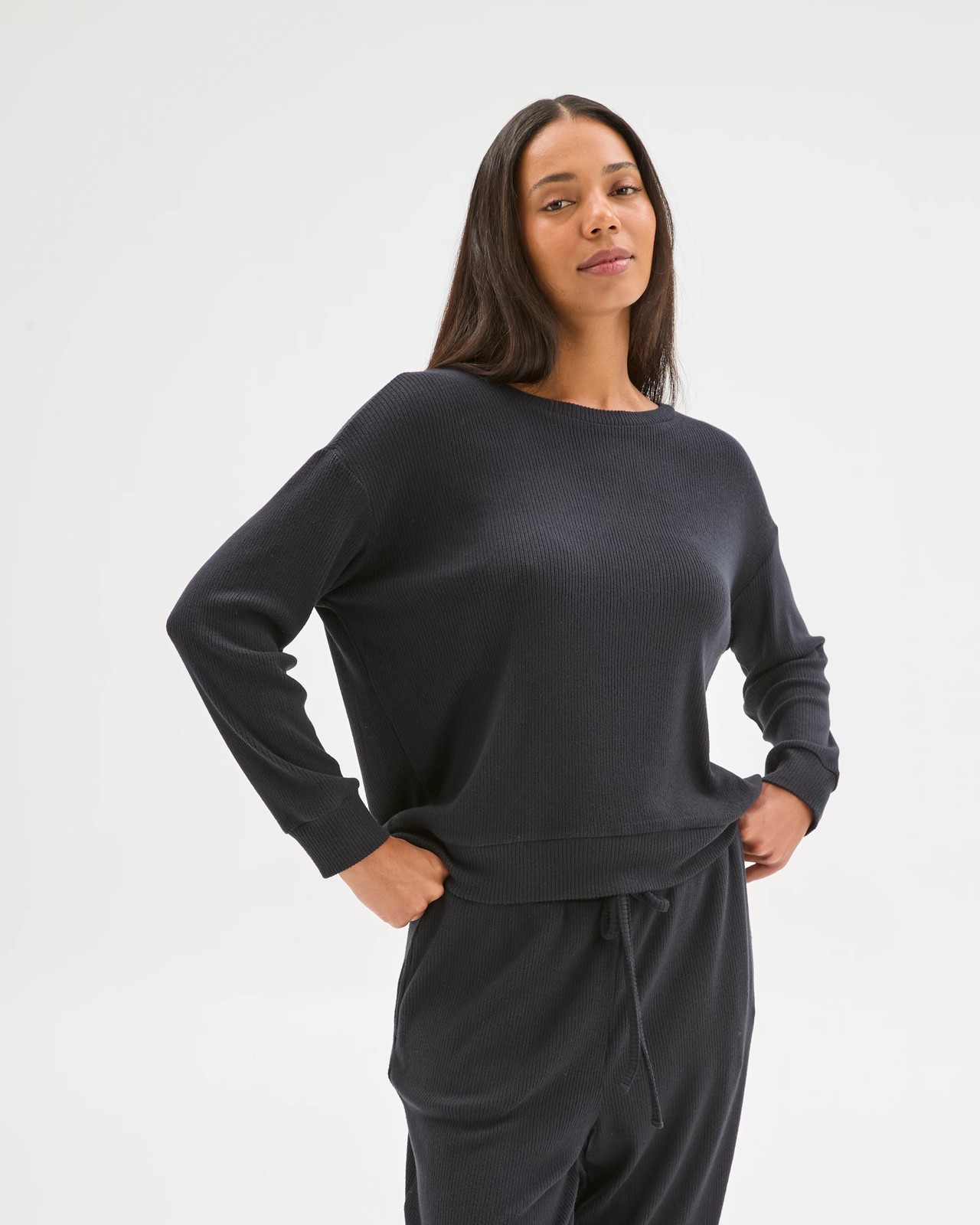 Cosy Rib Crew Neck Sleep Top - Black 2 of 6
