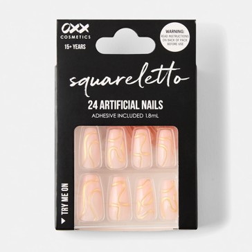 24 Pack Artificial Nails with Adhesive, Squareletto Shape, 3D Gold Swirl - OXX Cosmetics
