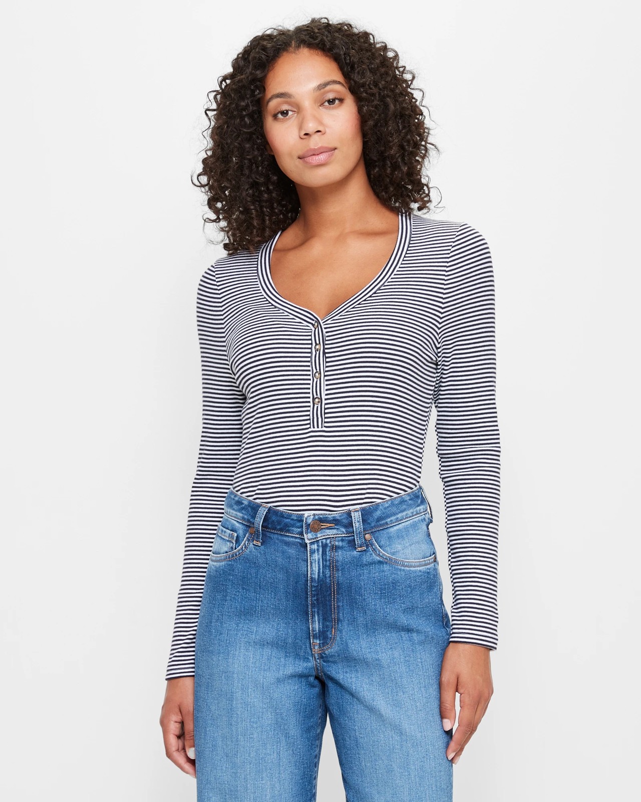 Cotton Rich Striped Ribbed Henley Short Sleeve Top