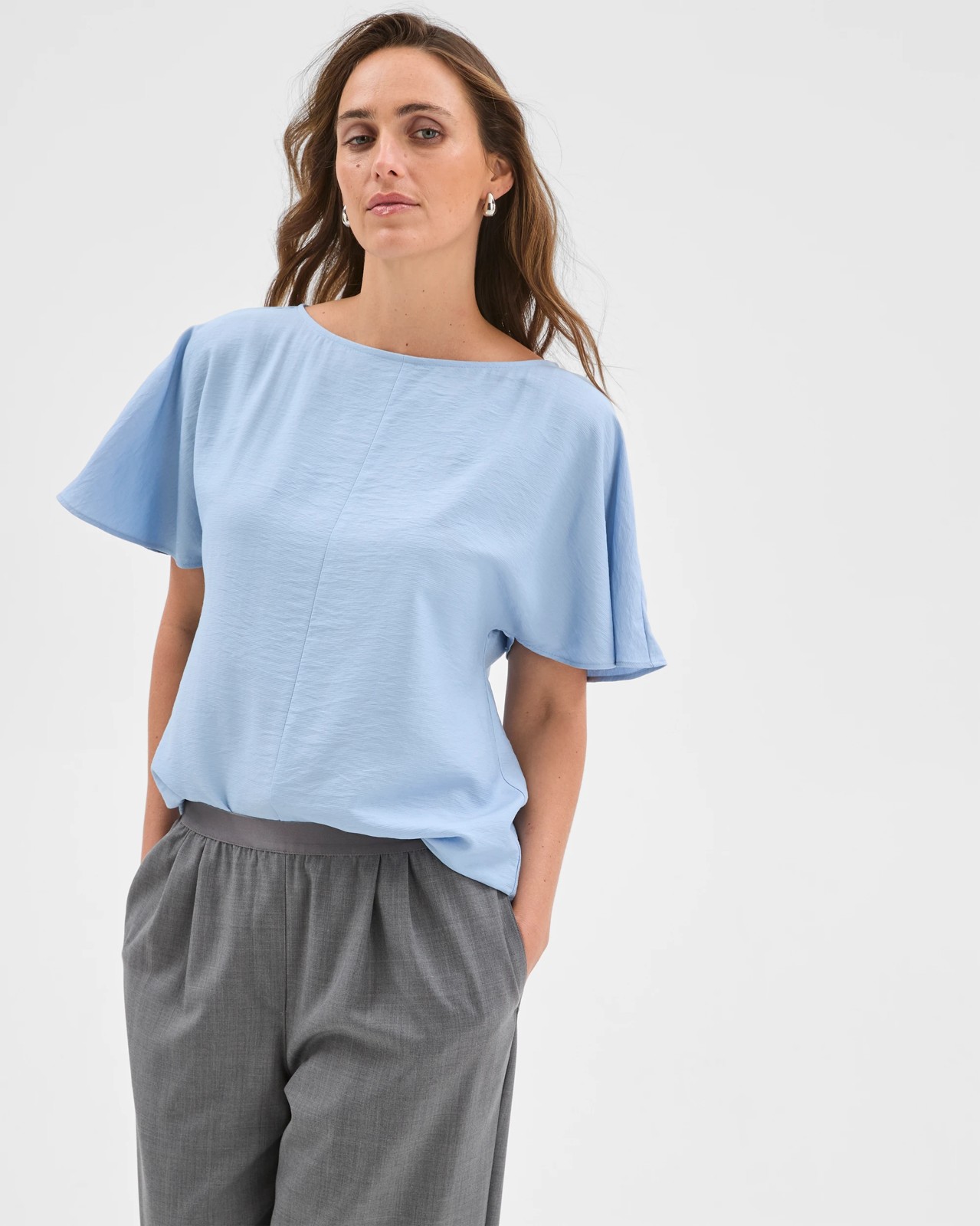 Preview Short Flutter Sleeve Textured Blouse - Blue Mist 3 of 6