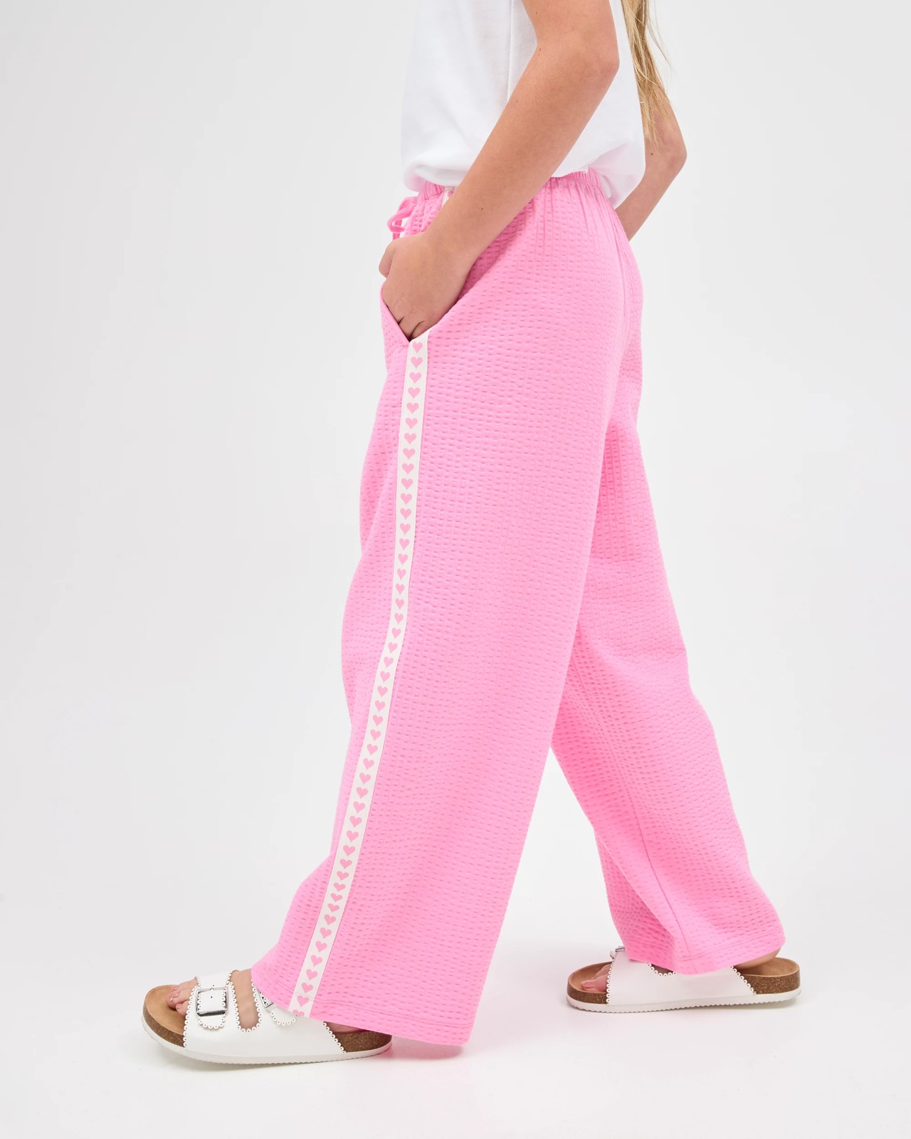 Australian Cotton Blend Textured Side Taped Wide Leg Knit Pants - Pink 3 of 6