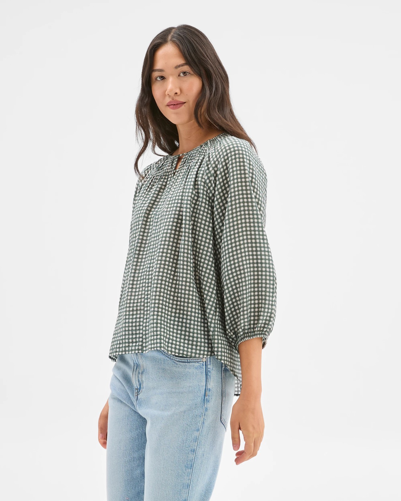 3/4 Sleeve Neck Detail Blouse - Oregano Check 4 of 5
