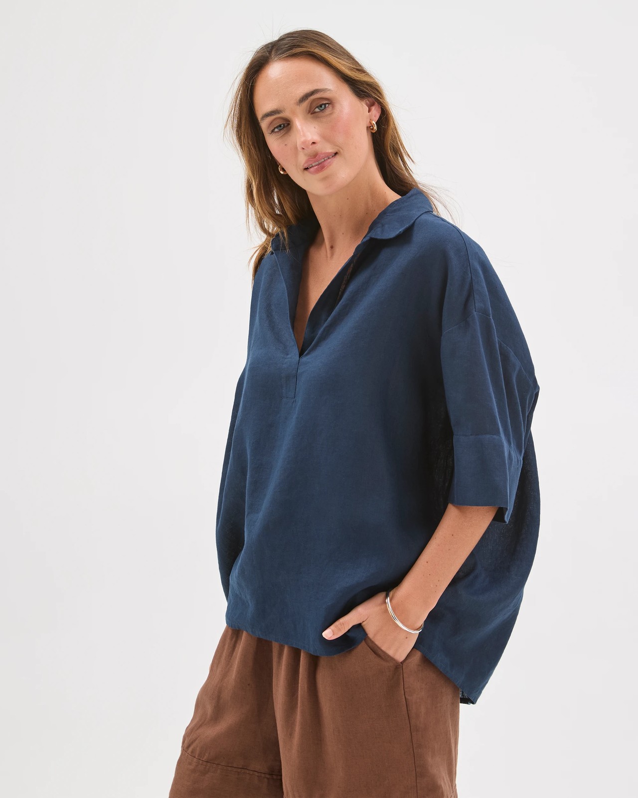 European Linen Elbow Sleeve Cocoon Popover Shirt - Navy 3 of 6