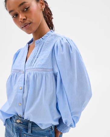 Petites Long Sleeve Broderie Blouse