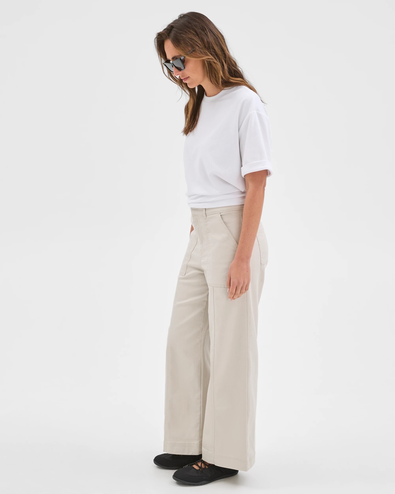 Australian Cotton Blend Stretch Twill Wide Leg Pants - Parchment 4 of 5