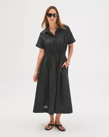 European Linen Shirred Waist Midi Dress