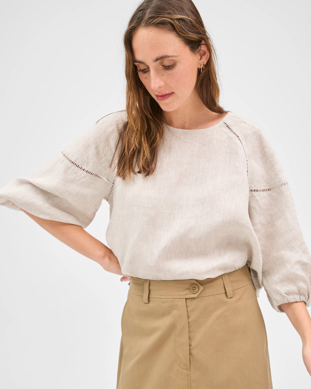 European Linen 3/4 Sleeve Trim Detail Top - Flax 5 of 5