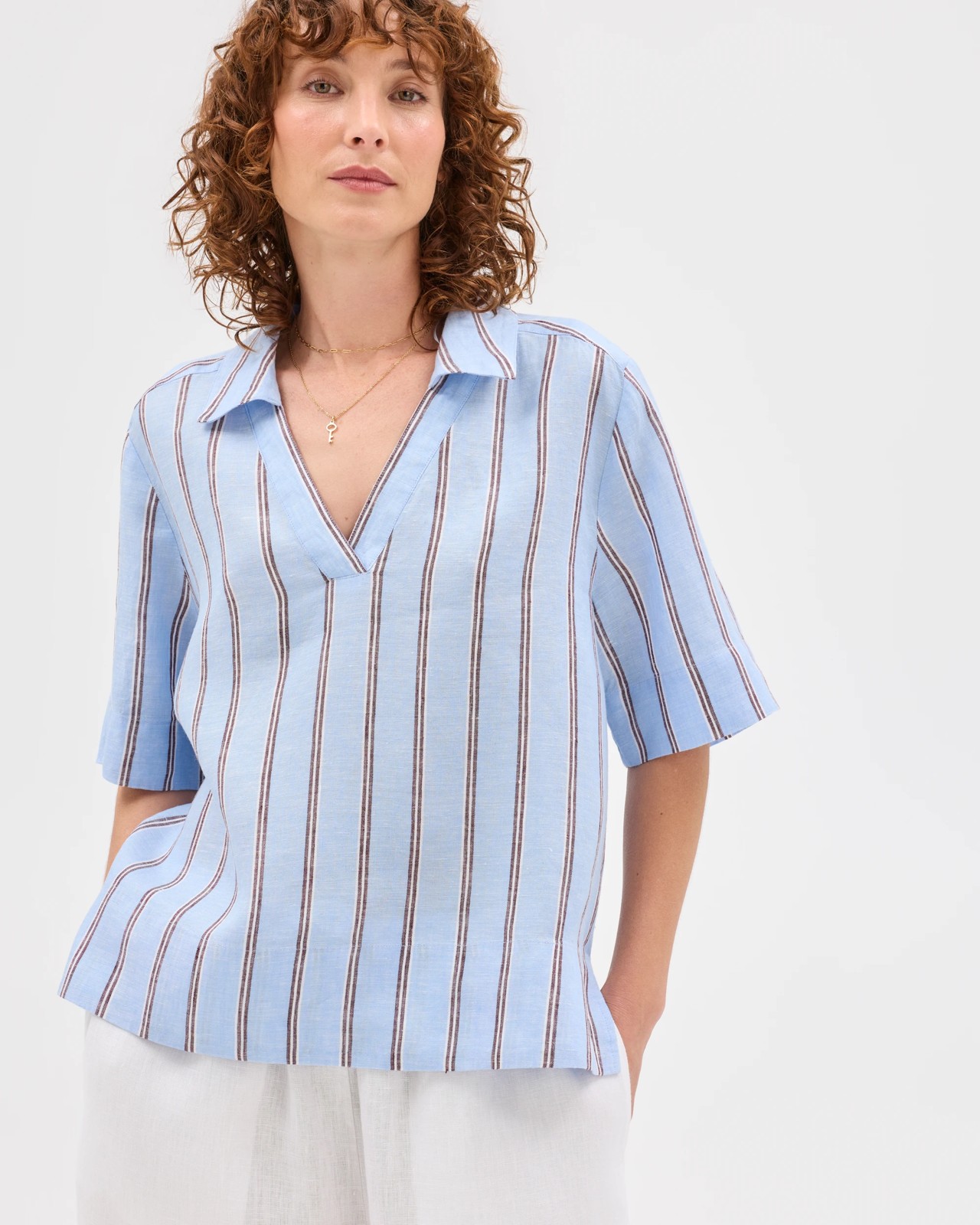 European Linen Short Sleeve A-Line Popover Shirt - Blue / Stripe 6 of 6