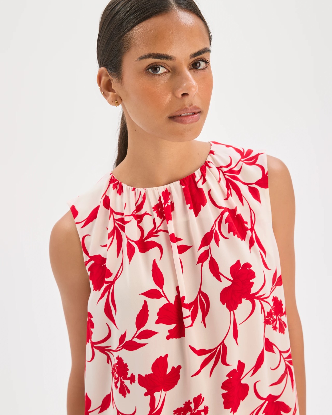 Preview Sleeveless Gathered Neck Blouse - Red Silhouette Floral 3 of 6