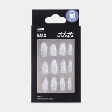 False Nails 24 Pack, Stiletto Shape, Silver Look - OXX Cosmetics