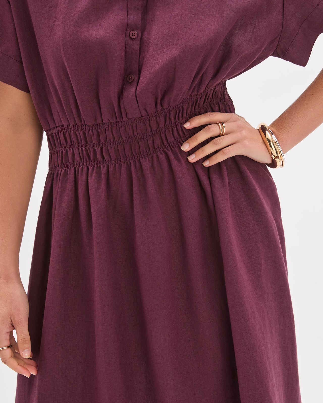 European Linen Shirred Waist Midi Dress - Merlot 5 of 5