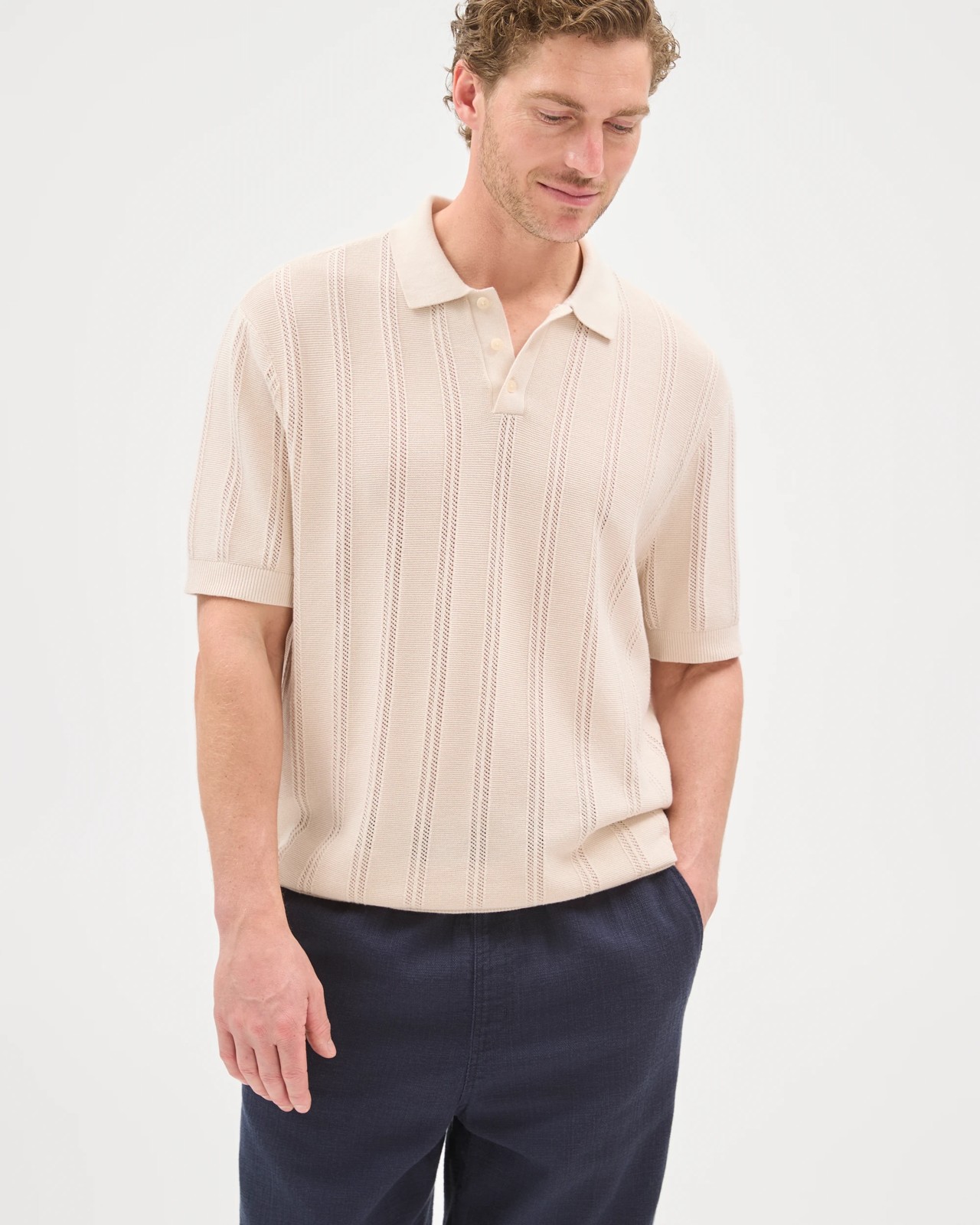 Australian Cotton Elastic Waistband Relaxed Textured Pants - Navy 4 of 5