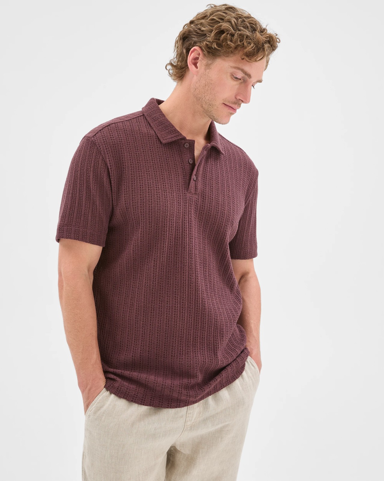 Australian Cotton Blend Pointelle Polo Top - Fudge 5 of 5
