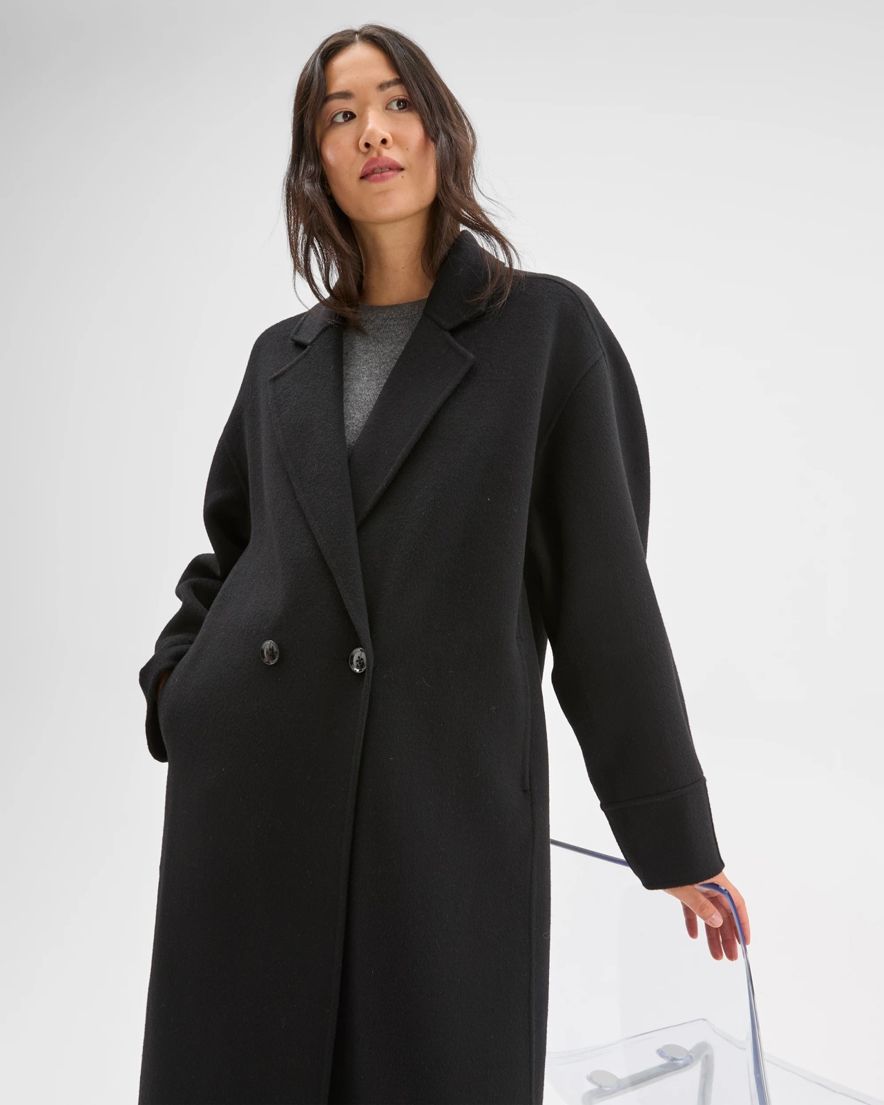 Preview Wool Blend Double Breasted Cocoon Coat - Black 2 of 5
