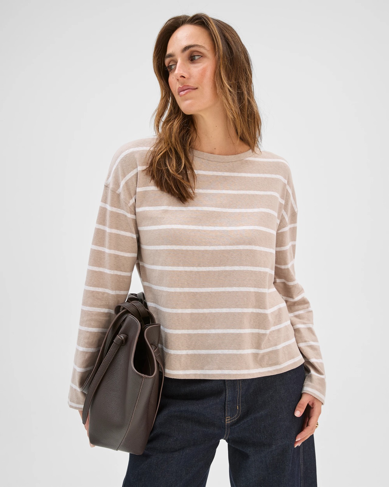 Australian Cotton Long Sleeve Relaxed Slub T-Shirt - Soft Taupe/Pearl Stripe 2 of 6