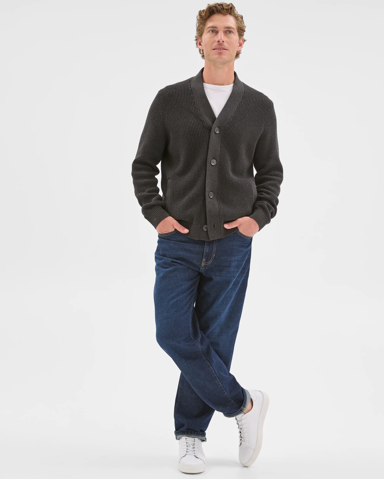 Australian Cotton V-Neck Waffle Knit Cardigan - Black Marle 5 of 5