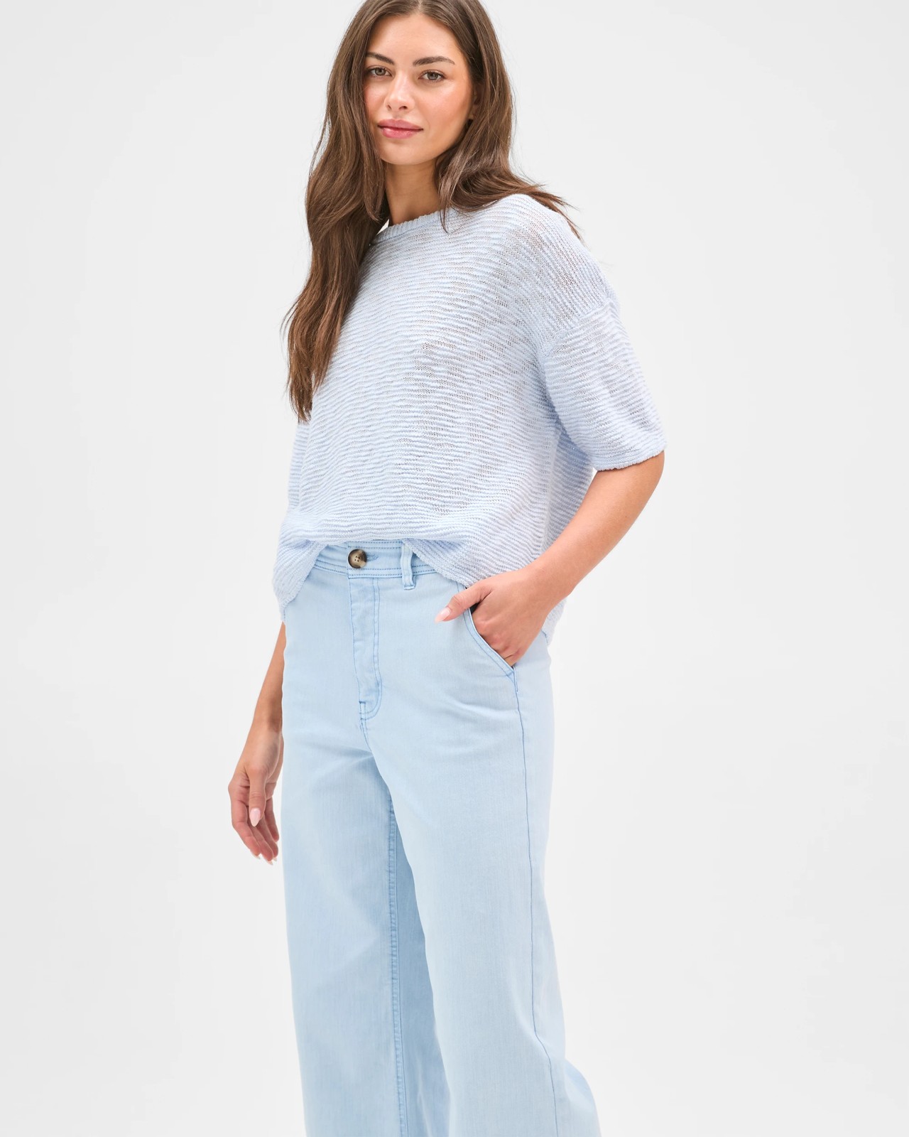 Petites Australian Cotton Blend Stretch Twill Wide Leg Pants - Pale Blue 2 of 6