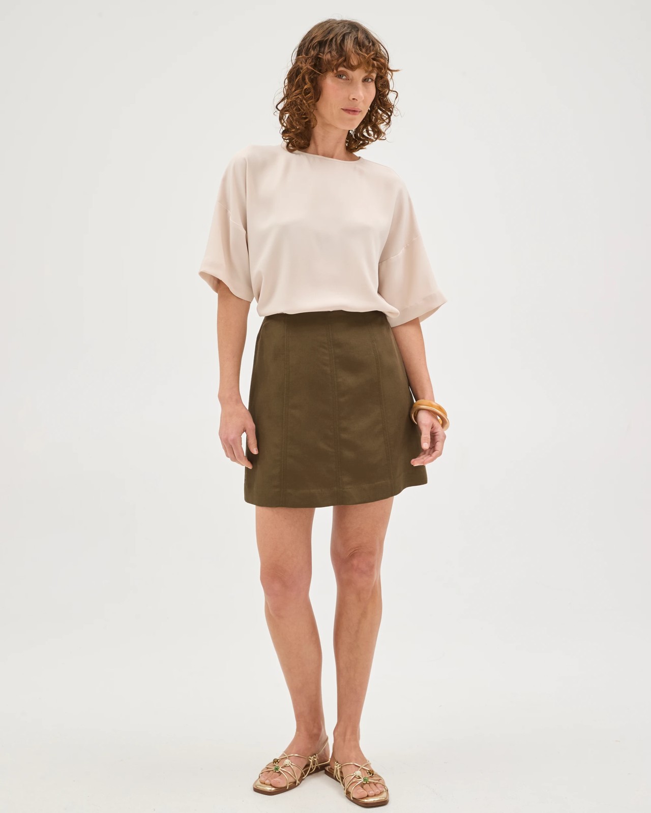 Preview Grace European Linen Blend A-Line Mini Skirt - Khaki Olive 3 of 5
