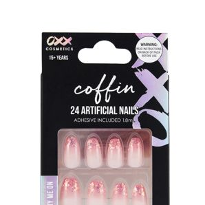 OXX Cosmetics 24 Pack Artificial Nails with Adhesive, Pointed Stiletto Shape - Coffin Pink Crystal Tips