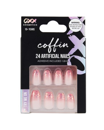 OXX Cosmetics 24 Pack Artificial Nails with Adhesive, Pointed Stiletto Shape - Coffin Pink Crystal Tips