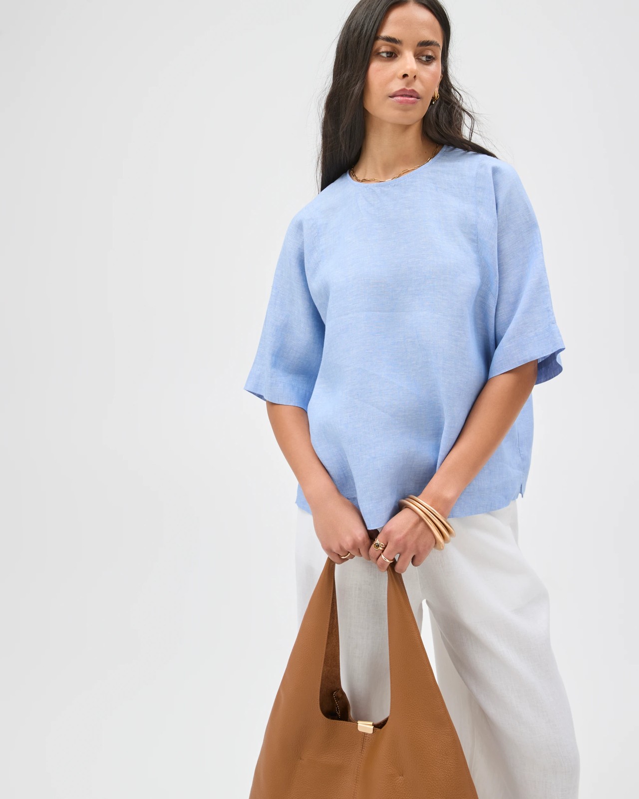 European Linen Seamed T-Shirt  - Blue Bouquet 5 of 5