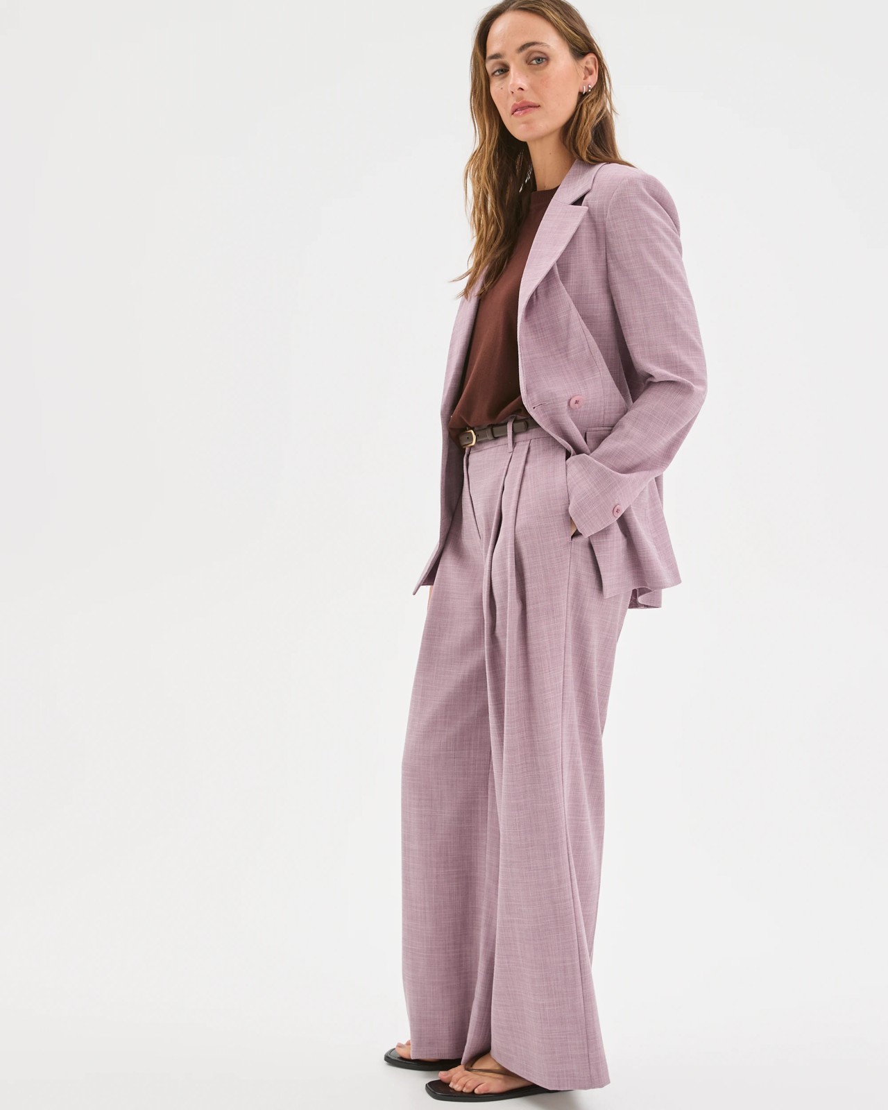 Preview Double Pleat Wide Leg Pants - Berry Cream Melange 3 of 5